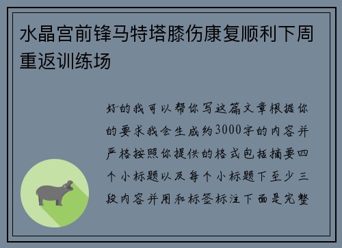 水晶宫前锋马特塔膝伤康复顺利下周重返训练场